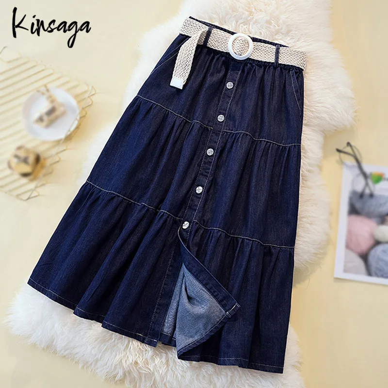 

Preppy Style Kawaii Sashes Elastic Waist Pleated Umbrella Skirt Women Korean Button Split Dark Blue Belt Midi A-line Jean Skirts