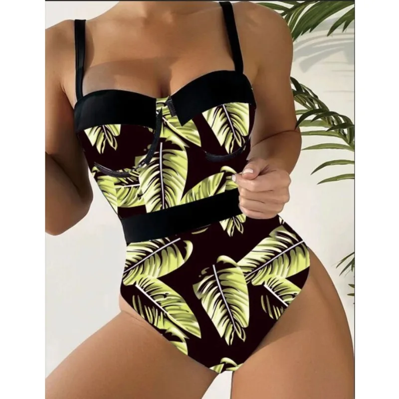 

Sexy Leaf Print One Piece Swimsuits Closed Female Swimwear Push Up Body Women's Swim Wear Bathing Suits Beach Pool Bather 2023