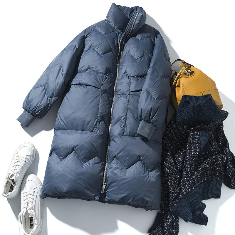 

Женский длинный пуховик с воротником-стойкой, теплая утепленная куртка на белом утином пуху, свободная парка большого размера, верхняя одежда для зимы