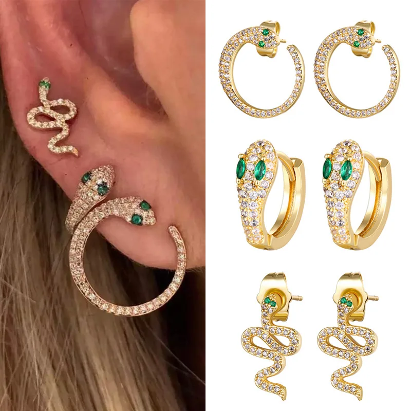 

New Women's Fashion Snake Inlay Rhinestone Hoop Earrings Shiny Crystal Zircon Stone Huggies Charming Ear Piercing Jewelry