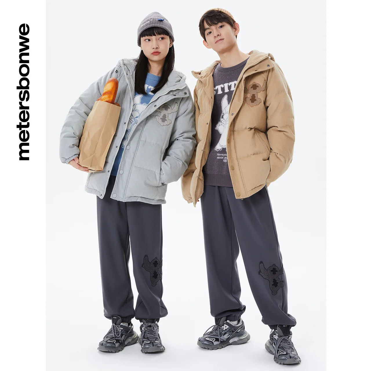 Metersbonwe Couple Corduroy Stand Collar Hoodie Down Jackets Men's 80% Duck Down Thick Warm Wear Loose Women Winter Down Coat