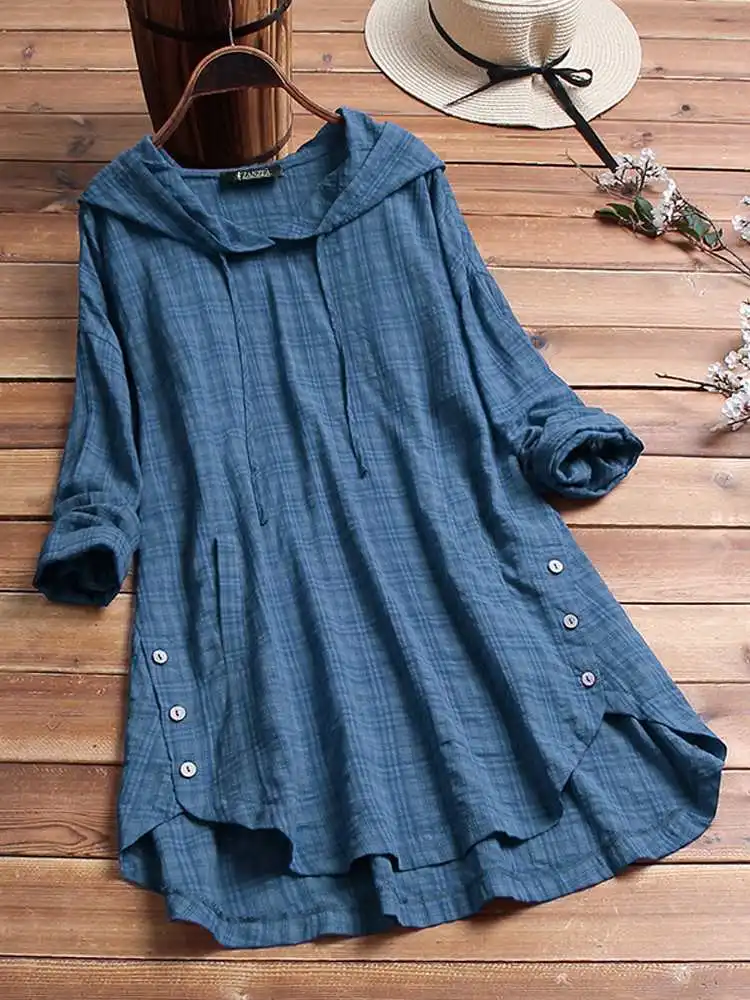 

ZANZEA Women's Asymmetrical Blouse Stylish Check Printed Tops Casual Long Sleeve Shirts Female Autumn Tunic Elegant Blusas 2022