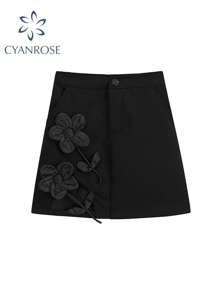 

Gothic Black Vintage Women A-line Skirt 2022 Summer Streetwear Korean Casual High Waist Ladies All-match Hollow Out Mini Skirt