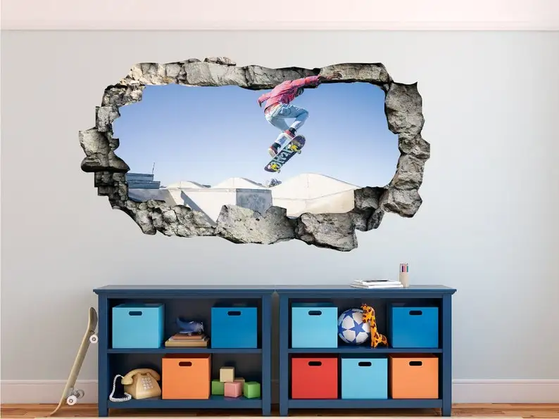 

Skating Skate Park 3D Wall Decal Smash Effect - Broken Wall Sticker - Vinyl Wall Decor - Decals for Walls - Stickers 3D Effect