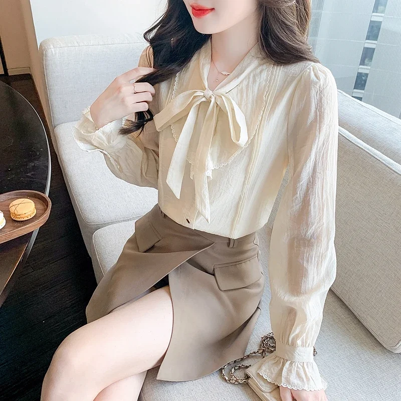 Модная офисная женская рубашка с длинным рукавом и бантом шифоновая блузка
