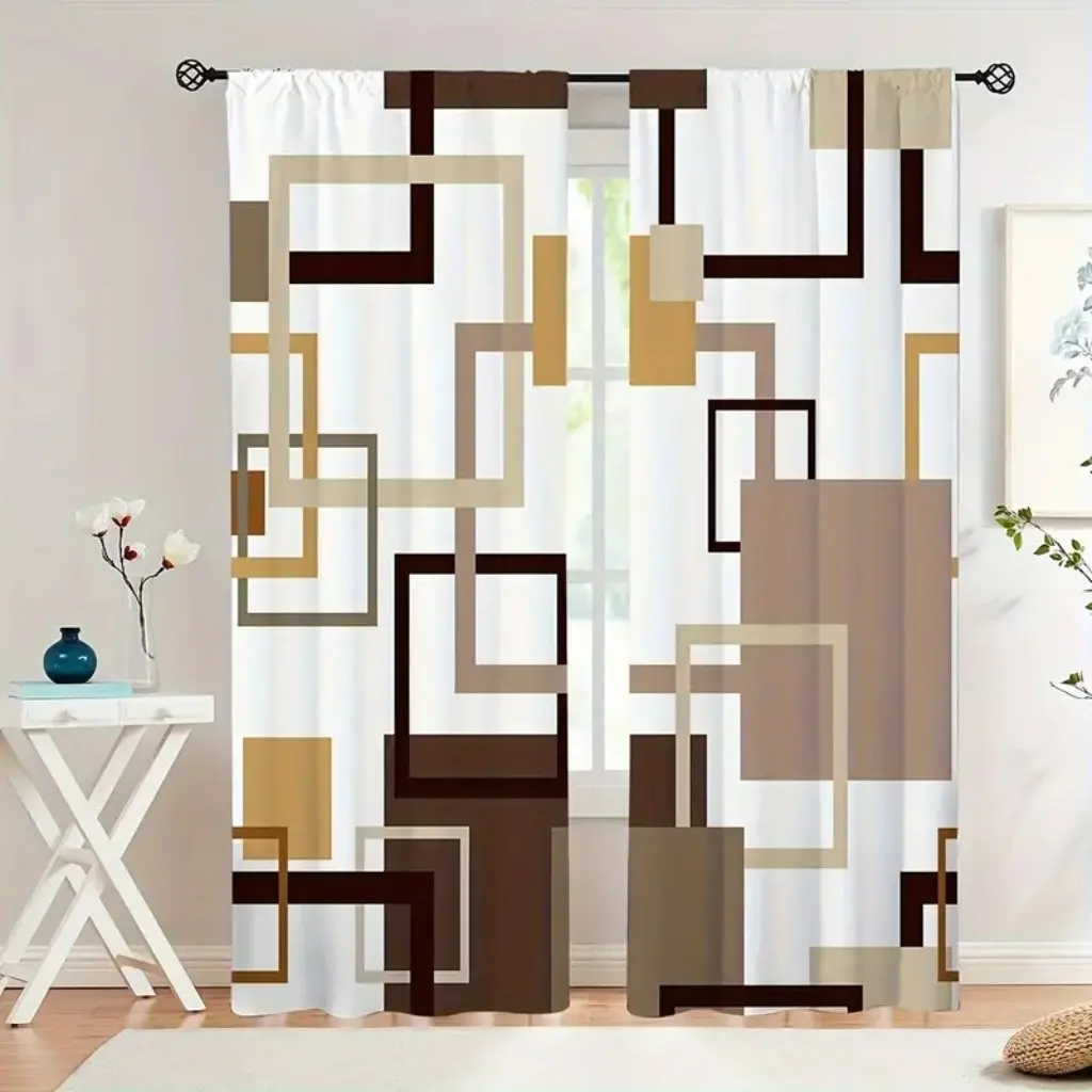 2pcs Set Vibrant Green Geometric Curtains for Living Room Bedroom Abstract Pixel Mosaic Design Lightweight Polyester Drapes