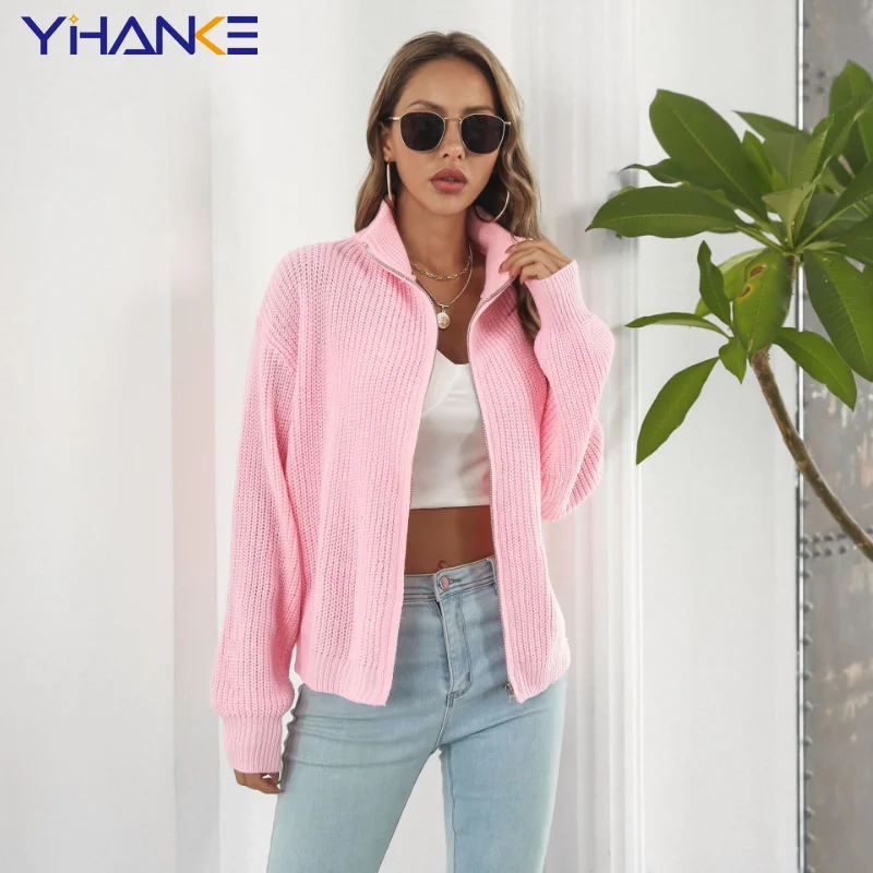 Женский вязаный кардиган с длинным рукавом, свободный свитер-водолазка на молнии, Осень-зима 2023