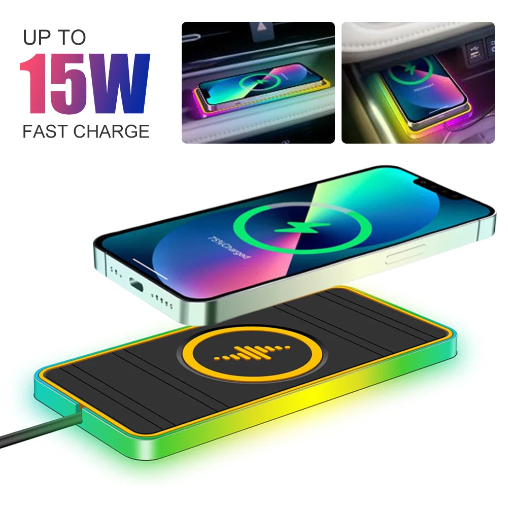 

Car Wireless Charger 15W Qi Fast Charging Pad Anti-skid Mat Holder With LED Atmosphere Light For iPhone 13 12 Samsung S22 S21