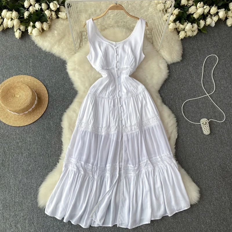 

Summer Long White Dress Womens Bohemian Tank Lace Pacthwork Elegant Midi Beach Holiday Dresses Pleated Luxury Female Vestidos