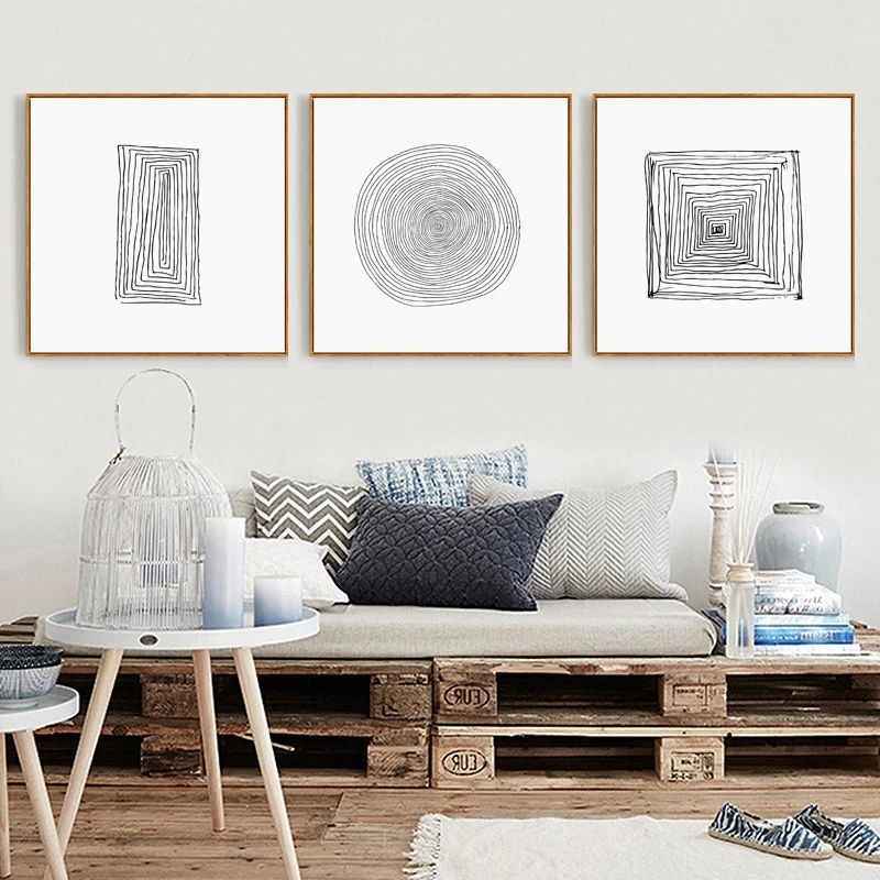 

Абстрактные черно-белые линии минимализма круглые квадратные холщовые постеры и печатные изображения для гостиной спальни домашний декор