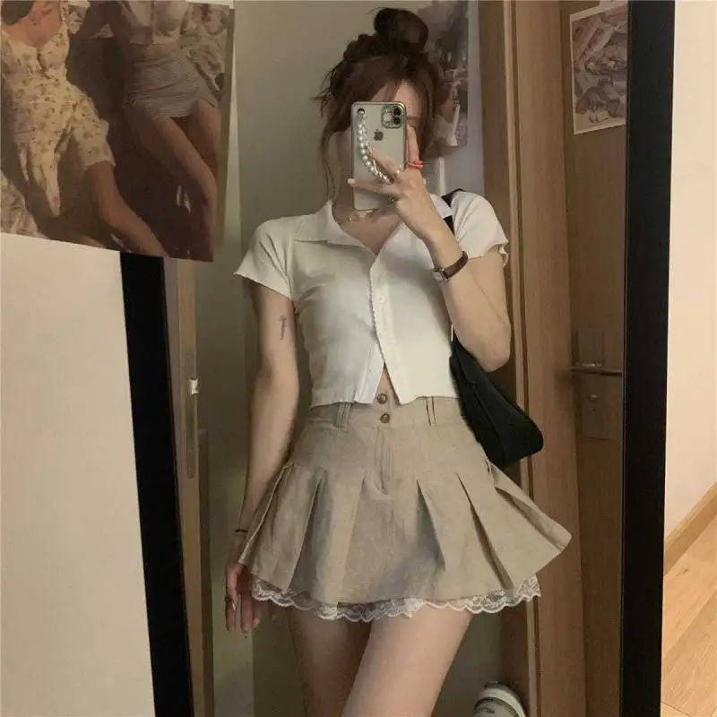 

2022 Fashion Khaki Short Skirt Lace Trim Cute Pleated Skirt Women's Preppy Button Up High Waist Summer Dress