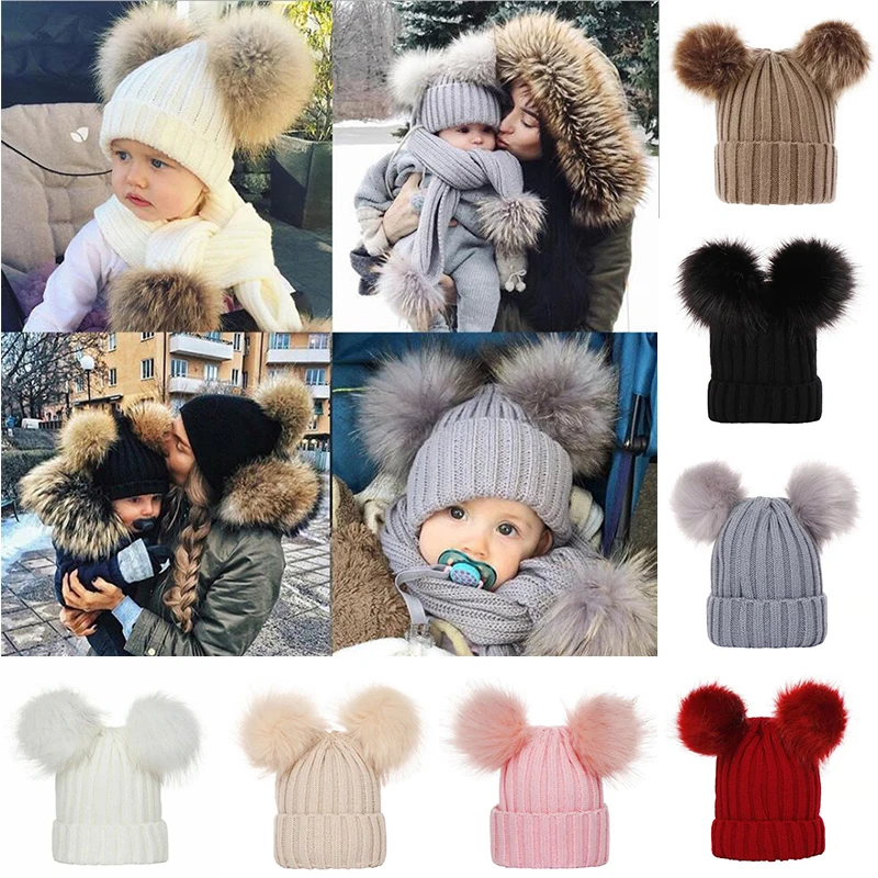 

Pullover Cap Double Fur Pom Hat Parent-child Cap Double Hair Ball Knit Bobble Beanie Kids Baby Boy Girl Newborn Winter Warm