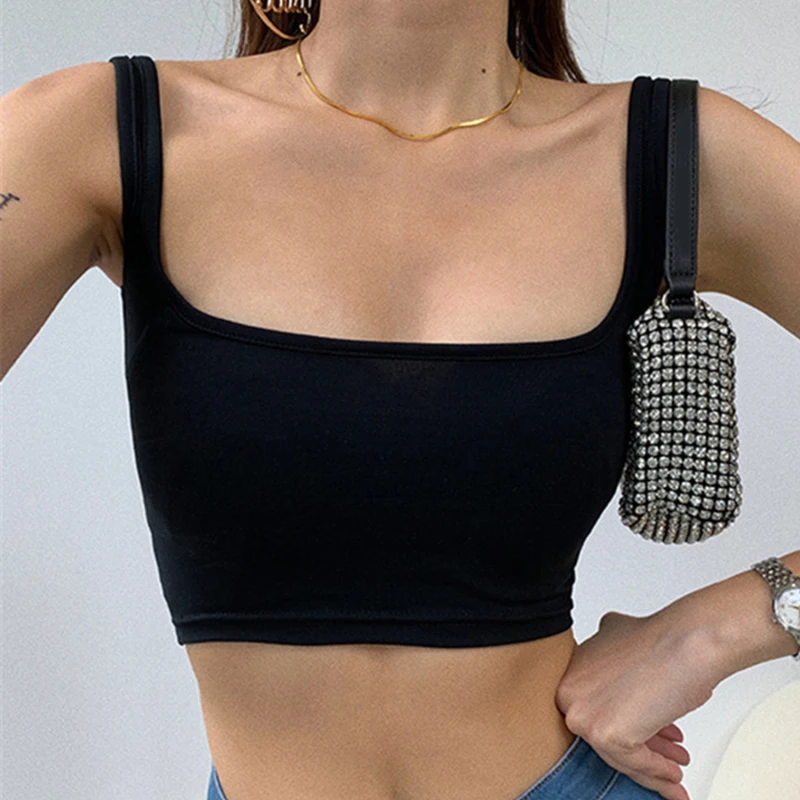 

Square Neck Sleeveless Summer Crop Top White Women Black Casual Basic T Shirt Off Shoulder Cami Sexy Backless Tank Top