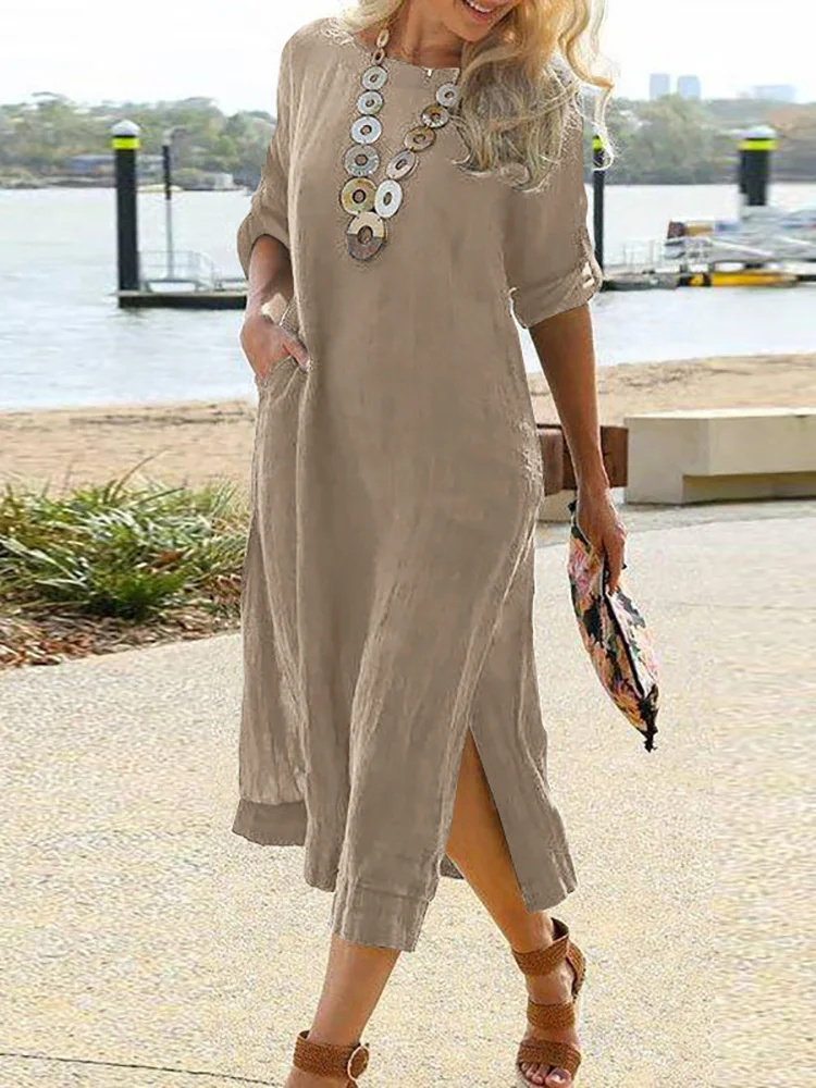 

Summer Women Loungewear Solid Pocket Long Vintage Dress O-Neck Full Sleeve Simple Elegant Ladies Dress Streetwear Dropshipping