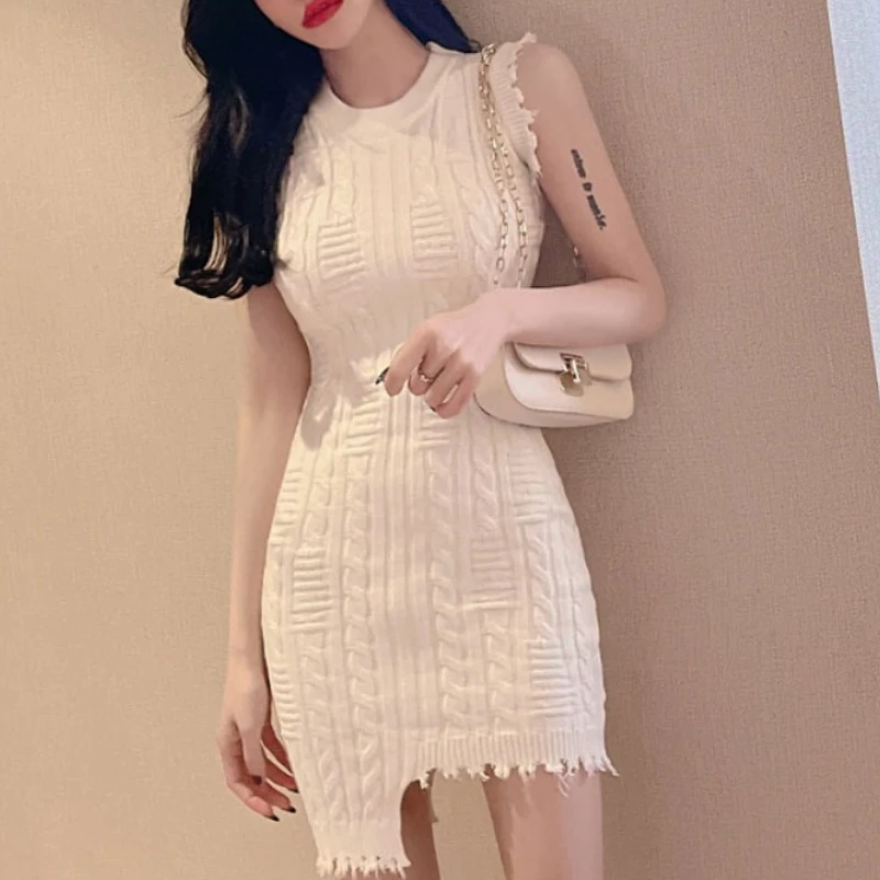 

Женское офисное платье-мини без рукавов, однотонное трикотажное платье асимметричного покроя с круглым вырезом, корейская мода, Прямая пос...