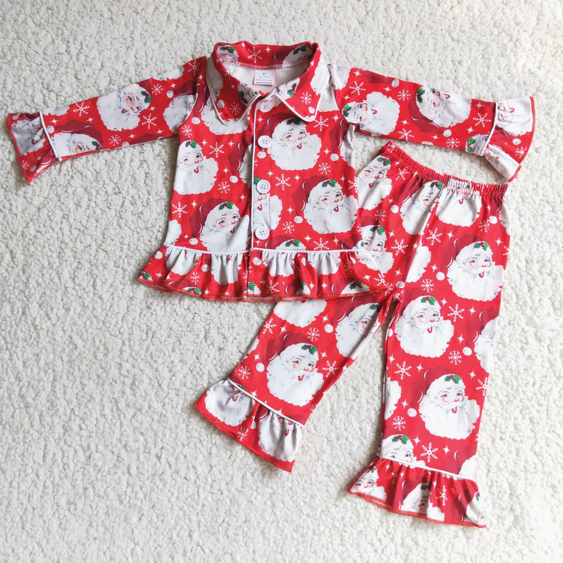 

Baby Girl Clothes red Satan print Milk silk long Sleeve button top Bell Set RTS Children Christmas pajamas Costume Winter Outfit