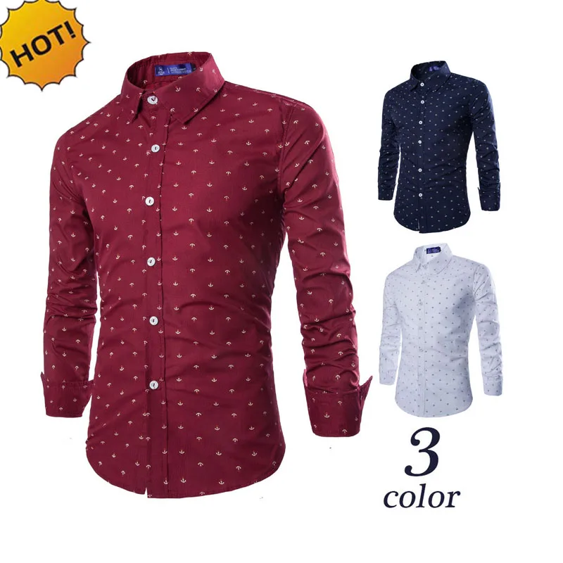 NEW 2022 Spring Autumn Brand Clothing Camisa Masculina Joker Men Leisure Dress Shirt Anchor Printing Long Sleeve Shirts M-3XL
