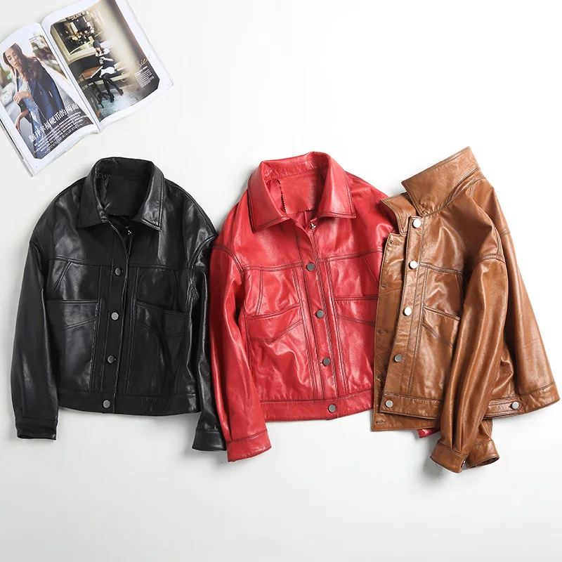 Women's Retro Leather Jackets Solid Biker Jacket Single-Breasted Motorcycle Coats Pockets 2022 New Autumn CL4034