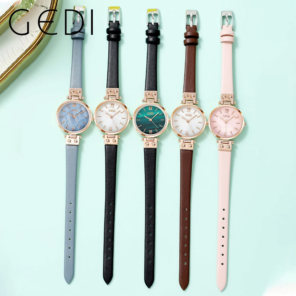 GEDI Fashion Quartz Watches for Women, Fritillary Dial Leather Strap 30m Waterproof Watch Woman Casual Elegant Ladies Clock Gift