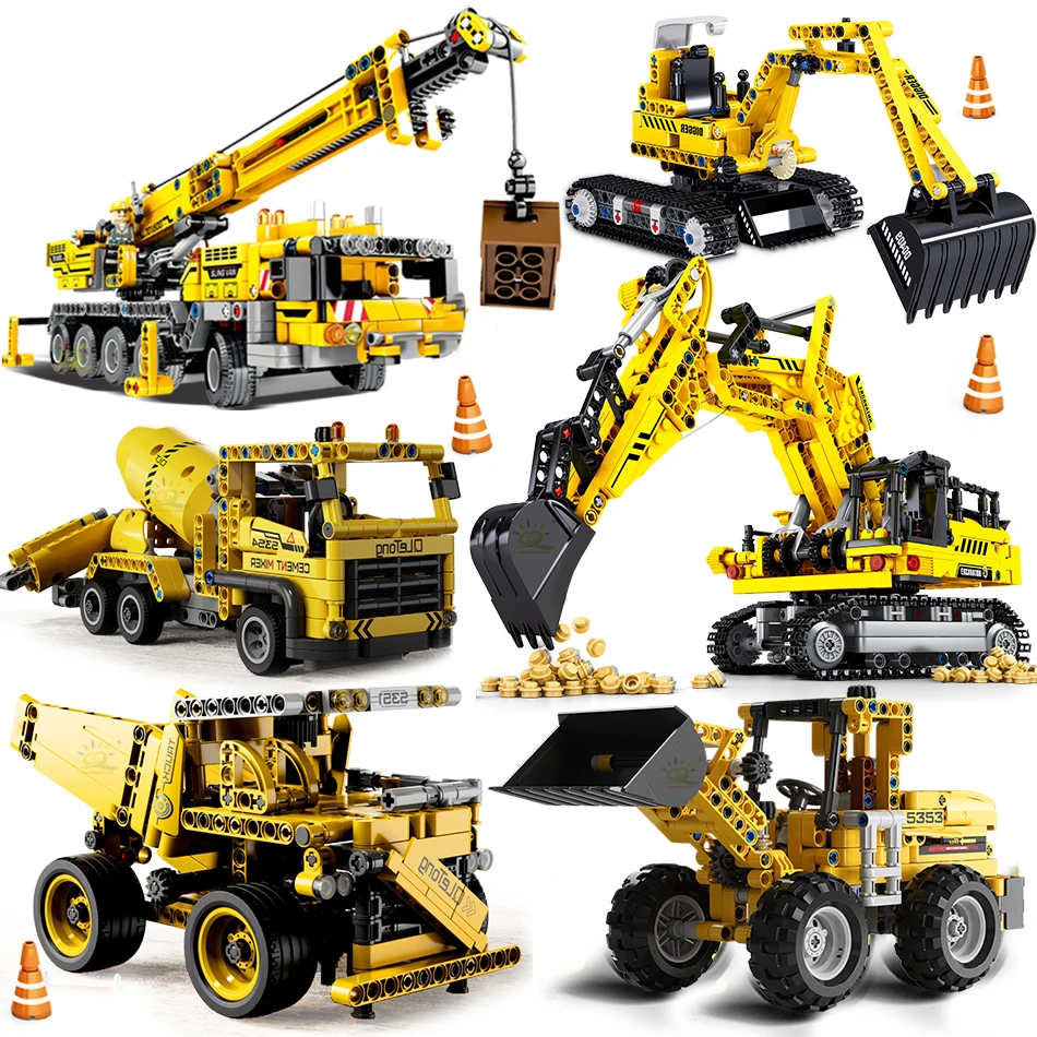 

Engineering Bulldozer Crane Dump Truck Technical Building Blocks City Construction Vehicle Car Bricks Toy For Children
