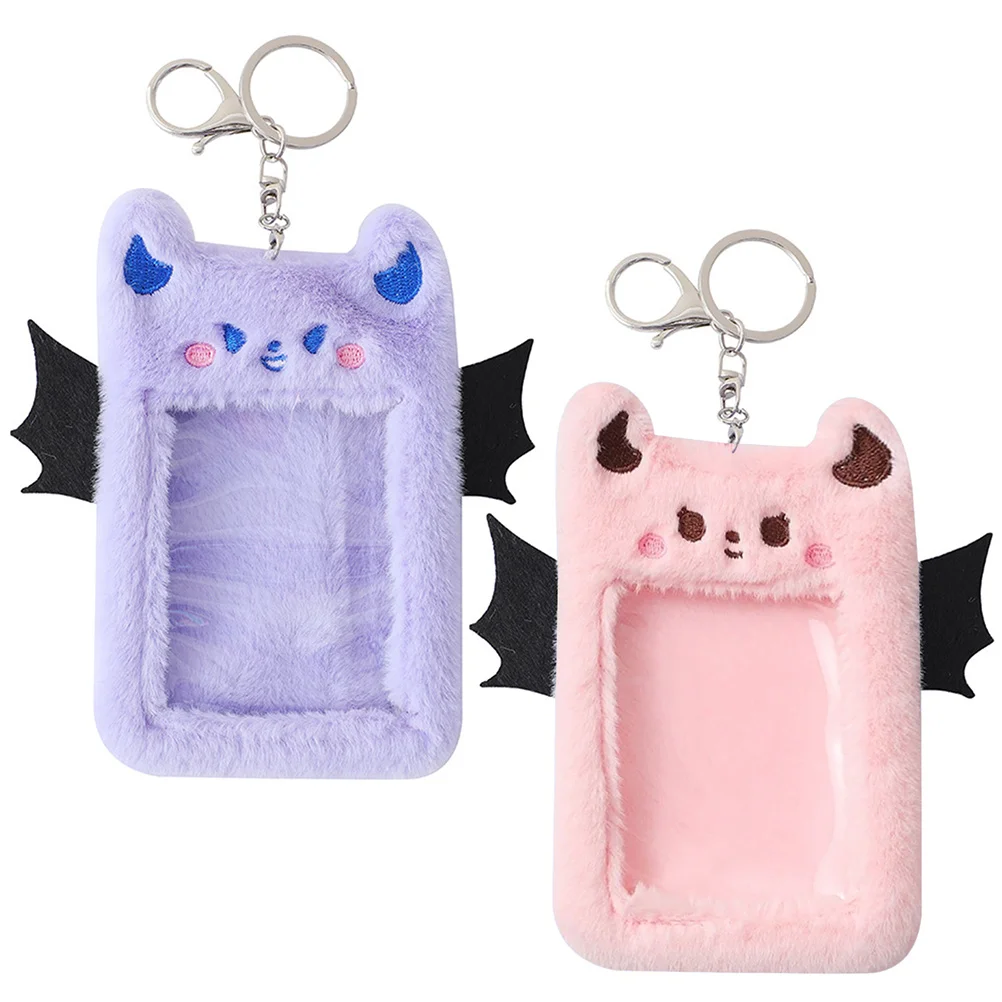 

2 Pcs Plush Card Holder Sleeve Protector Clip Keychain Cover Alloy Id Sleeves