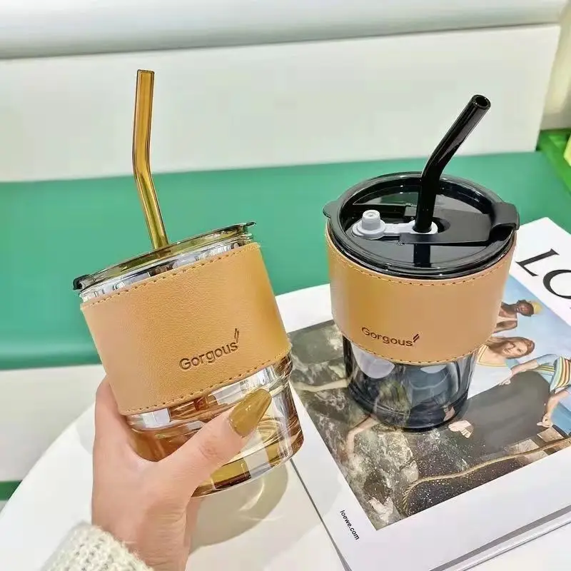 

Net Red Straw Cup Glass Northern Lights Bamboo Straw Coffee Cup Portable Safe Fashion Water Cup