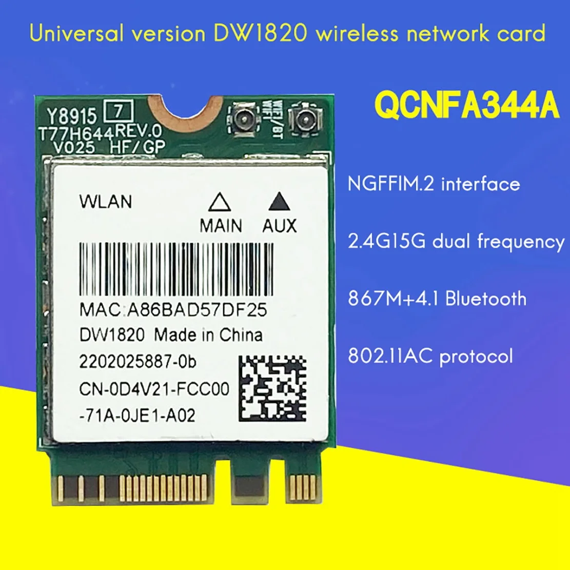 DW1820 QCNFA344A Wireless Network Card 2.4G+5G Dual-Band Gigabit Bluetooth 4.1 NGFF Network Card Supports 802.11AC
