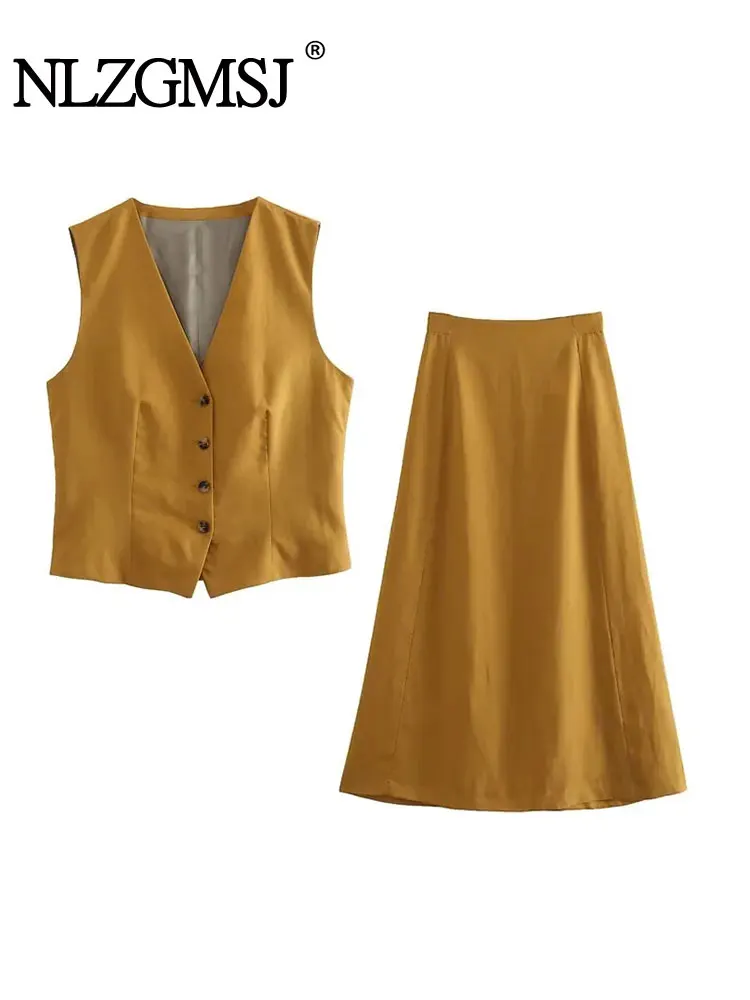 

Nlzgmsj TRAF 2023 Women 2 Pieces Sets Single Breasted Blazer Vest Tops + High Waist Long Skirts Summer Commute Slim Sets