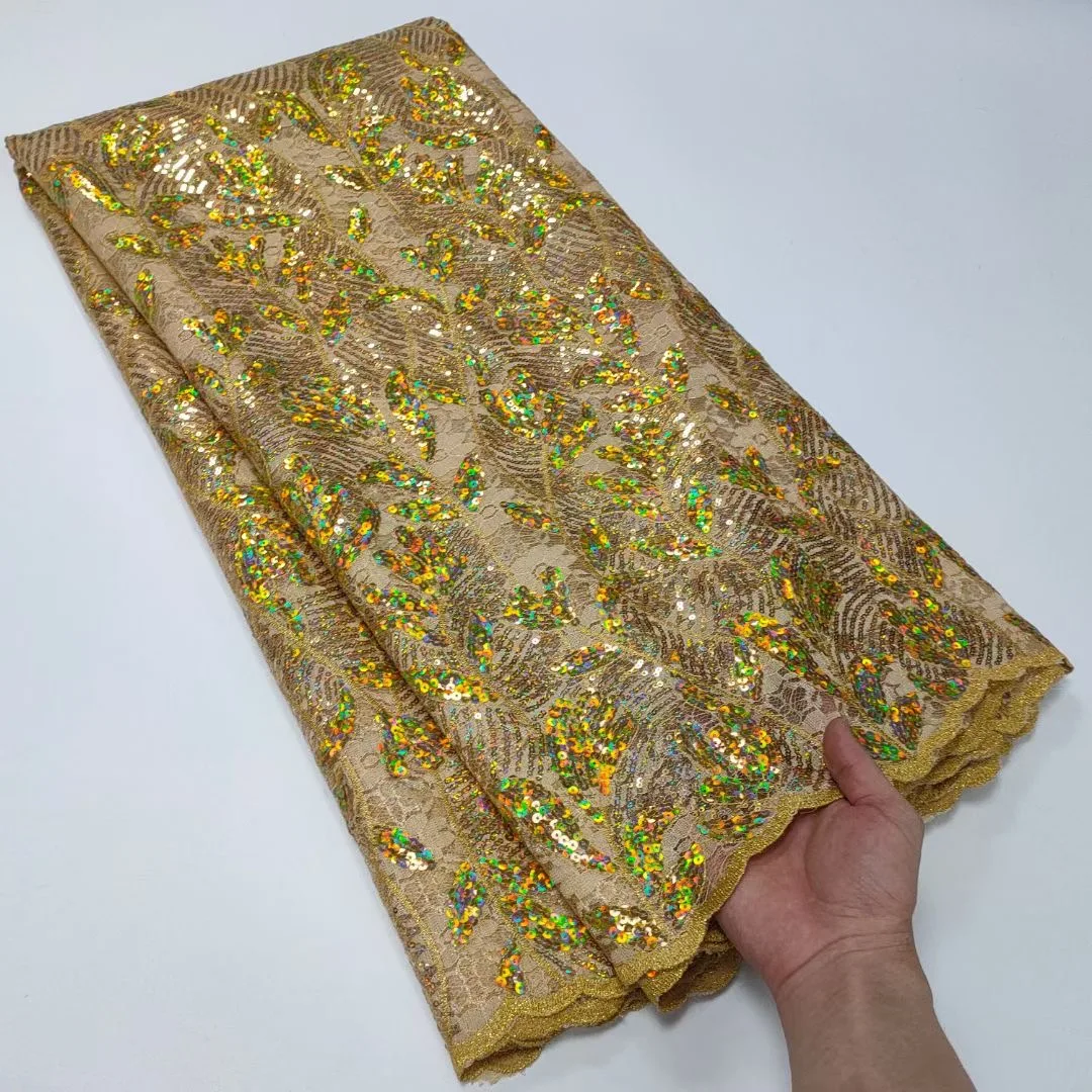 

New Arrivals Gold African Velvet Sequin Embroidered Tulle Fabric Nigeria 2022 High Quality Mesh Lace Fabric For Women Prom Dress