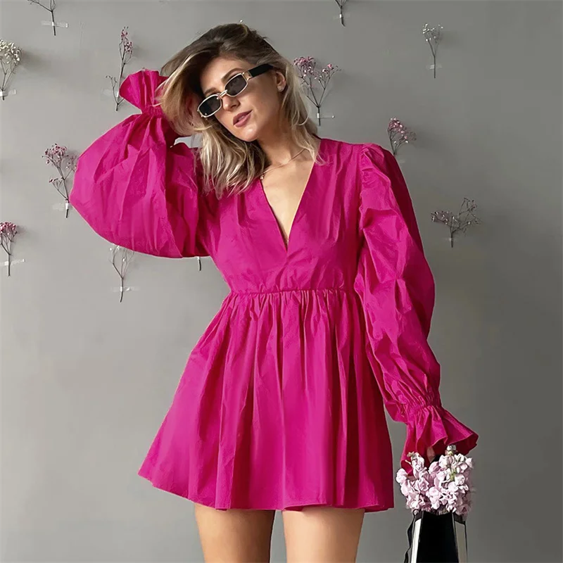

Fashion Elegant Dress For Women Balloon Sleeve Autum V-Neck Mini Dress Hight Waist A-line Dress Party Dresses vestidos 2022