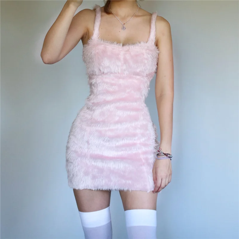 

Vestidos Fashion Slim Plush Dress Women 2022 Spring New Sexy Hollow Backless Sling Dresses Sexy Sling Solid Color Plush Dress