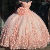 2022 pink flowers off the shoulder quinceanera dresses lace up ball gown applique tulle sweet 16 dresses robes de bal