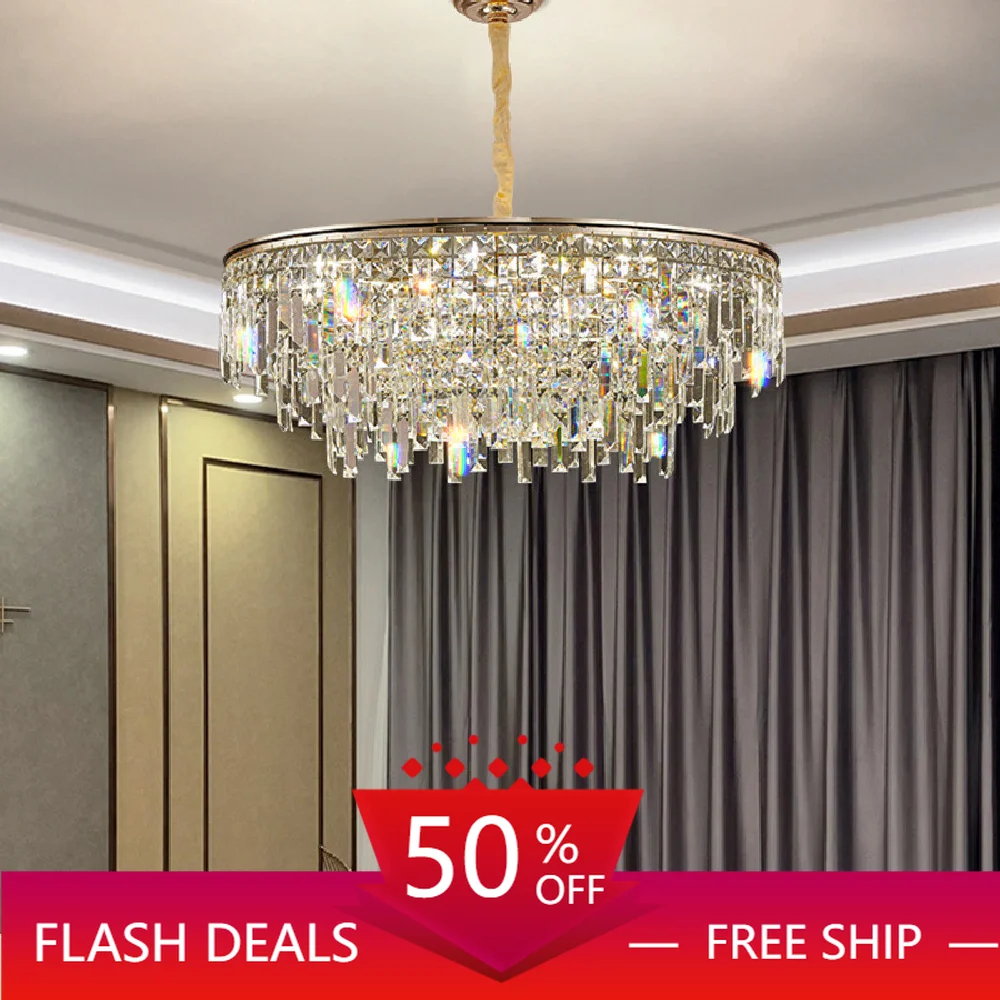 

Modern Living Room Round E14 Led Pendant Lights Lustre K9 Crystal Suspend Lamp Gold Metal Led Luminarias Led Lighting Fixtures