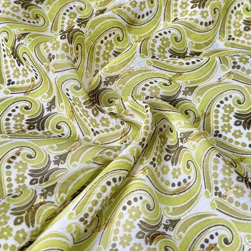 

152cm Breadth Soft Pendant Semi-Permeable Green Woven Gold Vintage Flower Print Imported Chiffon Spring Summe Shirt Skirt Fabric