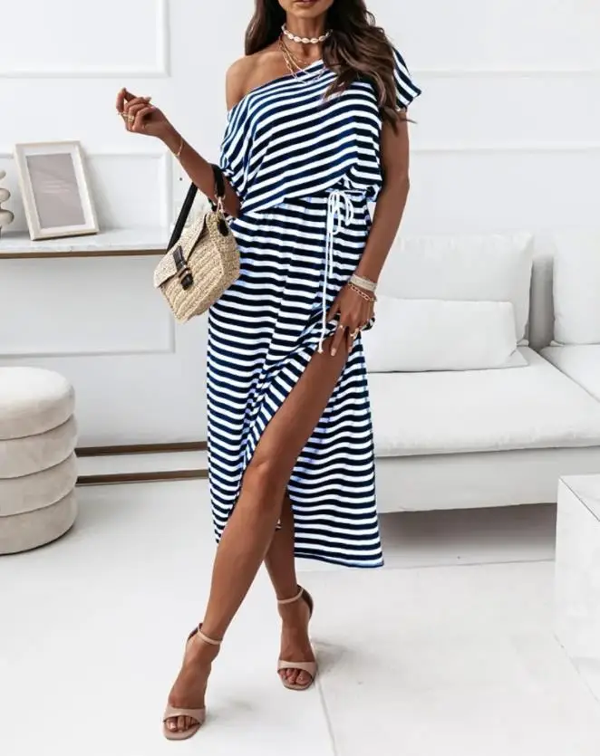 

Women's Dresses Striped Print Split Thigh Casual Dress Mid-Calf Casual Skew Neck Short Sleeve Slit Tied Detail Vacation Dress