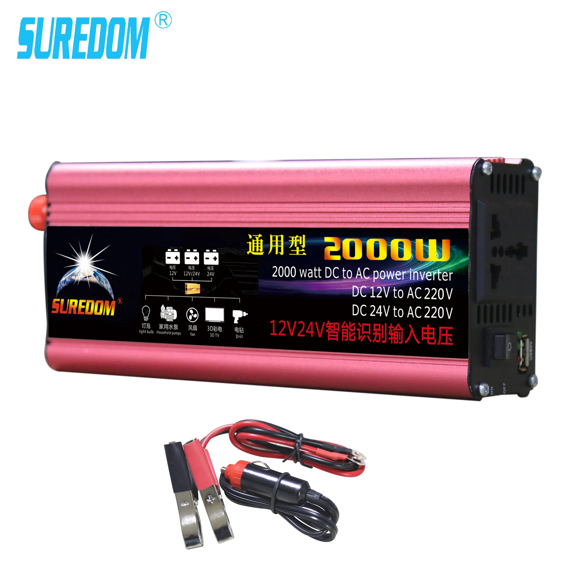 2000W  Automatic DC 12V/24V To AC 220V Car Power Inverter Converter USB