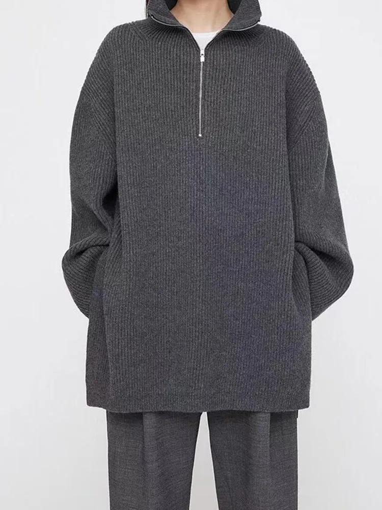 

2023 Winter Women High Collar Half Zipper Loose Solid Casual Simple Straight All-Match Knitted Sweater