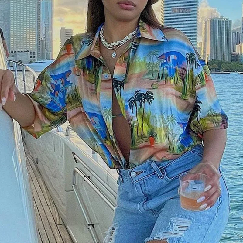 

Женская рубашка на пуговицах, летняя Свободная Повседневная Блузка для отпуска с принтом тропических деревьев, с коротким рукавом и лацкан...