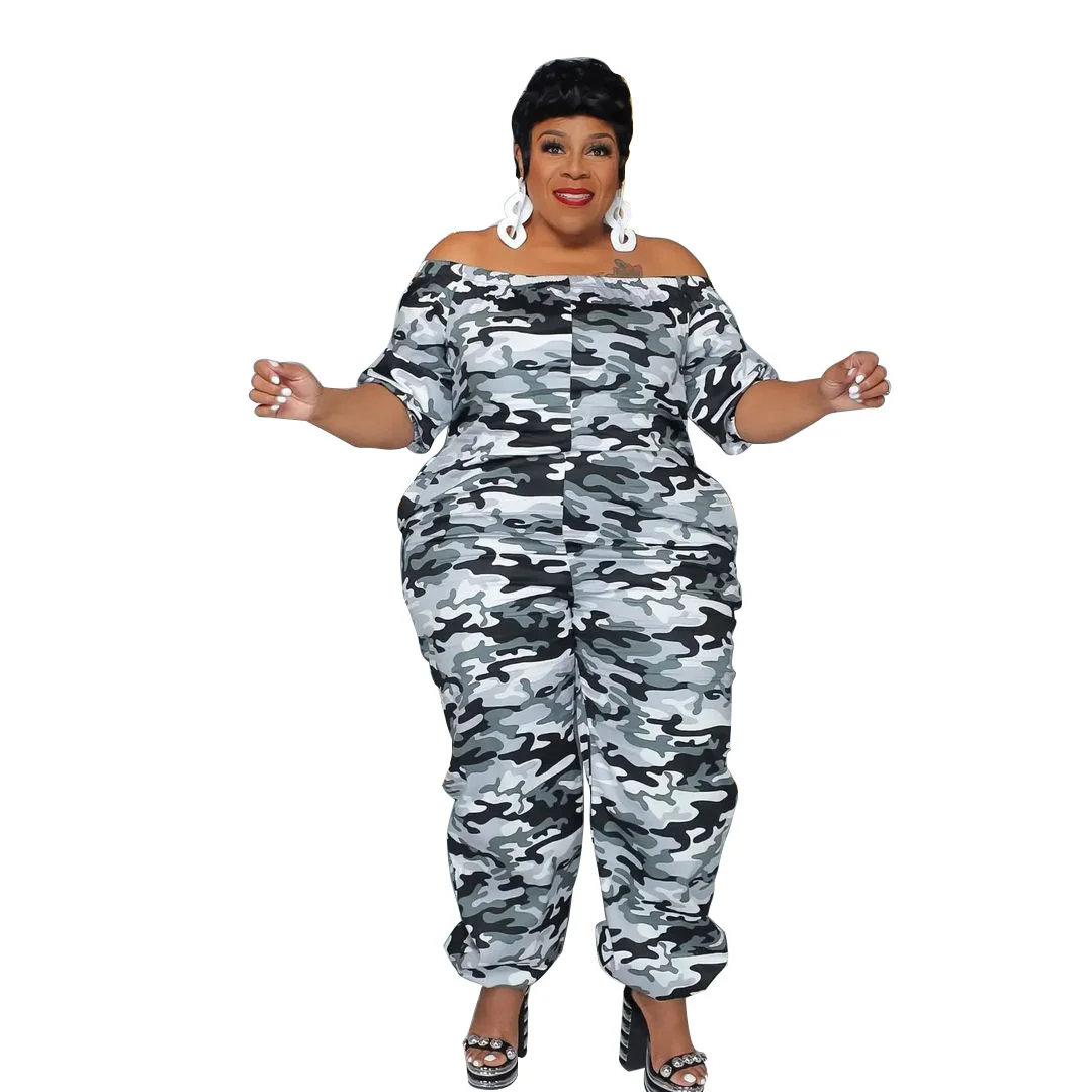 Plus Size 2023 Street Fashion New Camo Print Loose One Line Neck Short Sleeve Pocket High Waist Women's Casual Jumpsuit