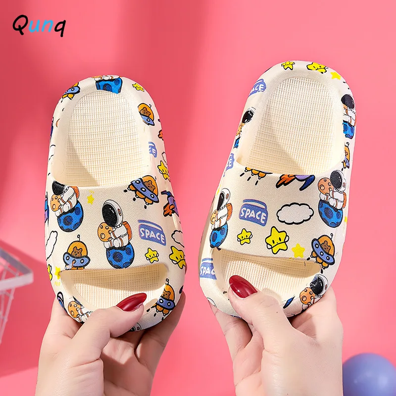 

Qunq Spring & Autumn Cartoon Print Slippers Children PVC Bathroom Household Boys Cute Flat Heels Breathable Non-slip Slippers