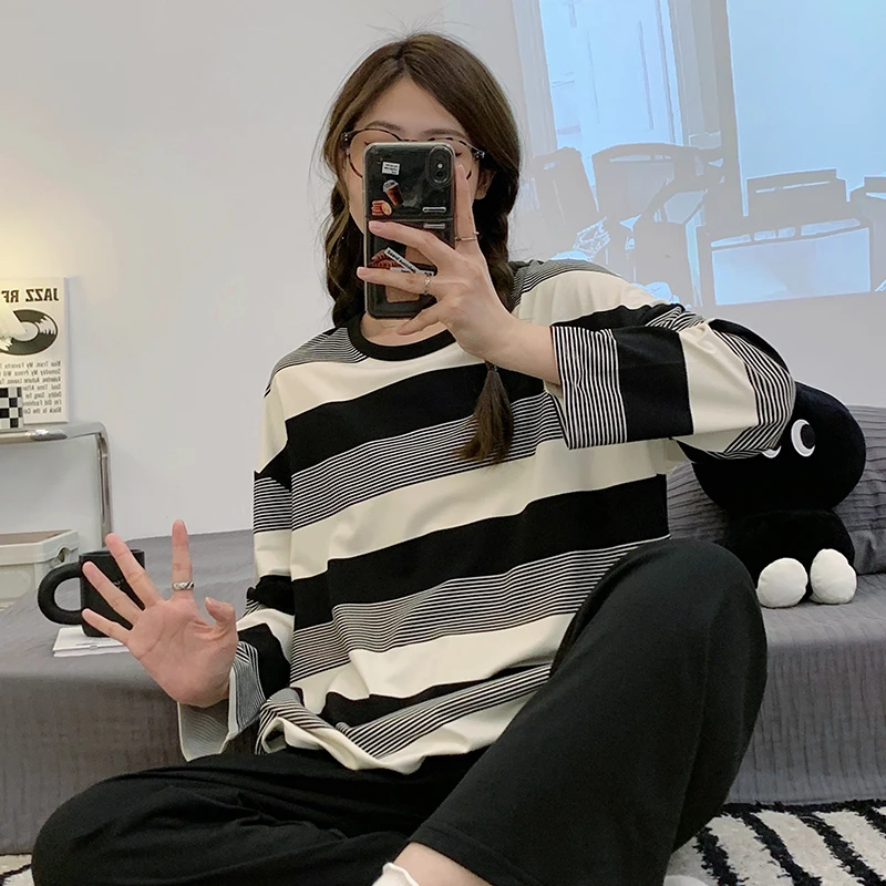 CAIYIER 2023 Korean Stripe Cute Nightwear O-Neck Long Sleeve Pants Sleepwear Suit Sweet Clothes For Women Lingerie Loungewear