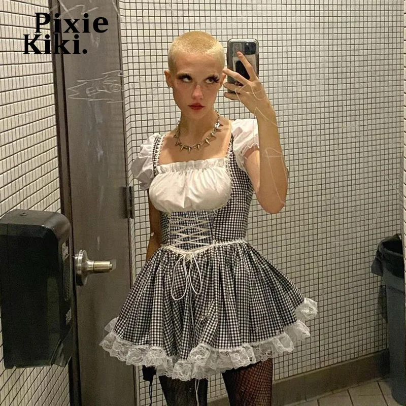 

PixieKiki Gingham Kawaii Lolita Dress Square Neck Puff Sleeve Lace Trim Tie Up Ball Gown Harajuku Cute Sexy Mini Dresses P80EZ20