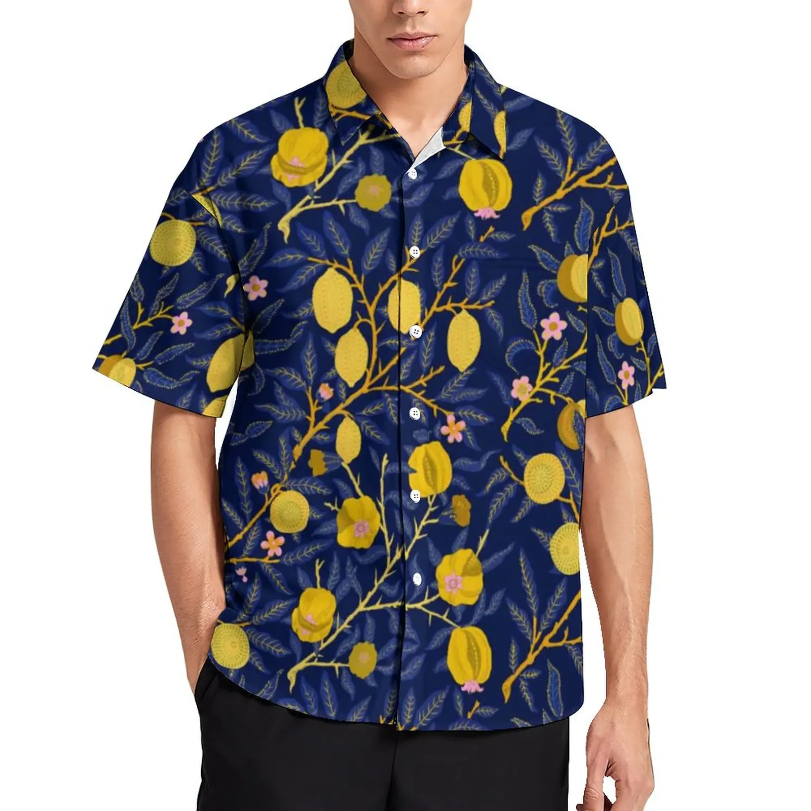 

Blue Lemon Vines Vacation Shirt Men Floral Print Casual Shirts Hawaiian Print Blouses Short-Sleeve Funny Oversized Top Gift Idea