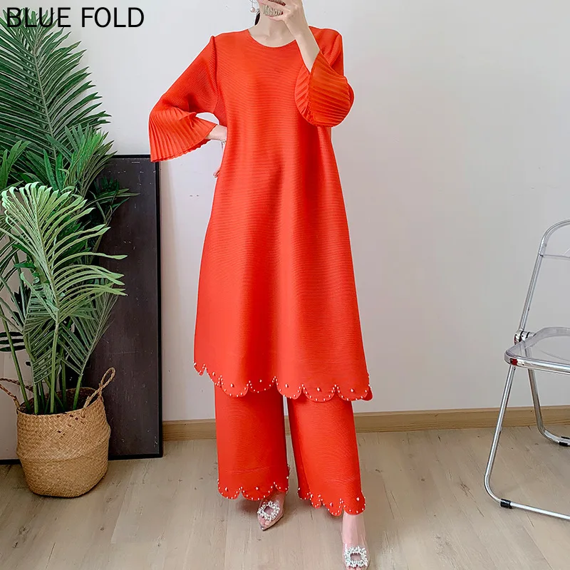 

Плиссированный топ, широкие брюки, костюм, женский осенний темперамент, модный длинный, большой размер, Средний Восток, повседневный комплект из двух предметов