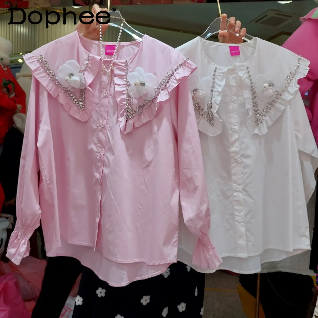 

Sweet Heavy Sewing Rhinestone Flower Doll Collar Shirt for Women 2022 Spring New Loose Comfortable Cotton Puff Sleeve Blouse Top