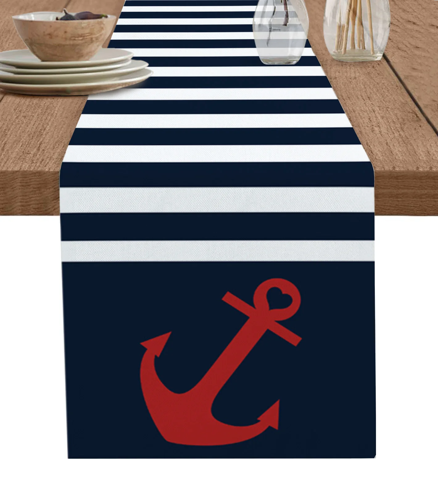 

Navy Striped Anchor Table Runner Cotton Linen Kitchen Dining Table Decor Rustic Wedding Holiday Tablecloth