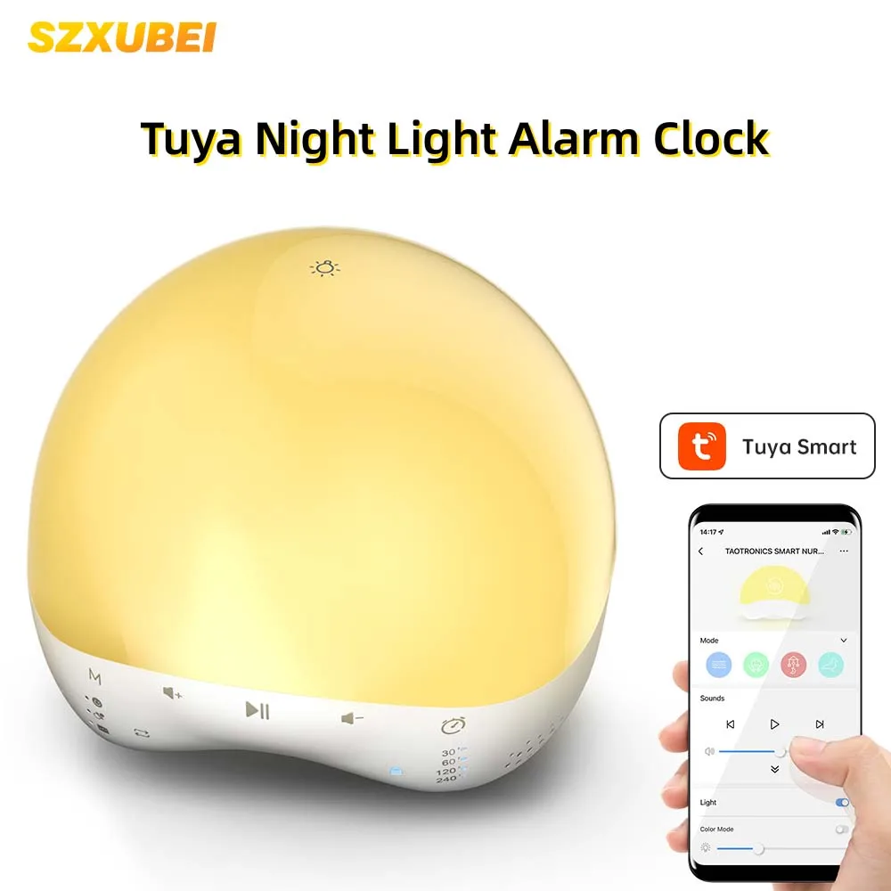 SZXUBEI Tuya Night Lights Alarm Clock Adjustable RBG Color Light Wake Up Clock Baby Sound Machine Table Clock For Kids Family