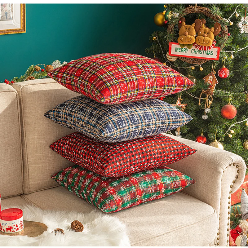 Christmas Decoration Cushion Cover 30/45/50cm Plaid Ornament Throw Pillowcase Natal Navidad for Xmas Party  Home Decor