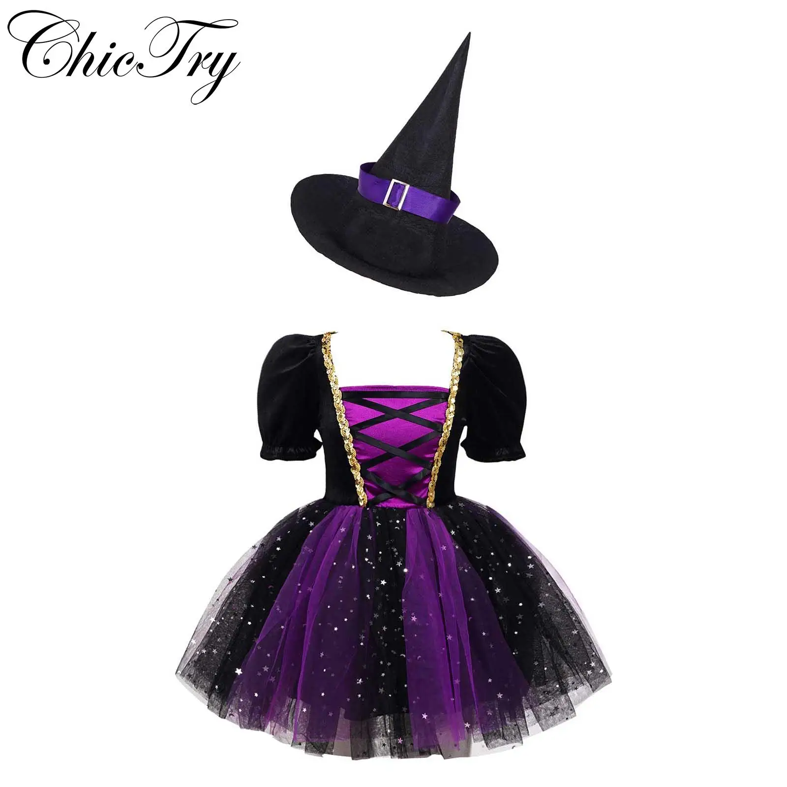 

Детский костюм ведьмы для девочек, одежда для карнавала вечерние на Хэллоуин, блестящее Сетчатое платье-пачка для ролевых игр, с заостренной шляпой