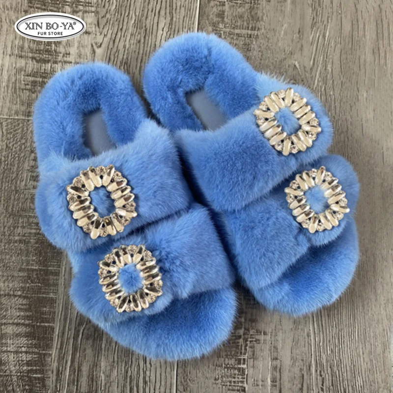 Тапки женские меховые натуральный мех сланцы плоская подошва Европейская